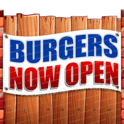 BURGERS NOW OPEN CLEARANCE BANNER Advertising Vinyl Flag Sign INV _CLR-0029.psd by El Paso Banners